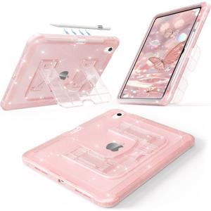 CCMAO Case for iPad (A16) 11th 11" 2025, iPad 10th Generation 2022 with Pencil Holder & Kickstand, Shockproof Protective Slim Thin iPad Case with Glitter Back Cover, Pink Glitter (Translucent Color)