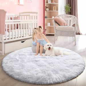 FlyDOIT White Round Rug for Bedroom, Super Fluffy Circle Rugs for Baby Nursery, 4'X4' Feet Furry Carpet for Children Kids Room, Cute Soft Shaggy Rug for Girls Home Decor, Fuzzy Plush Carpets for Dorm