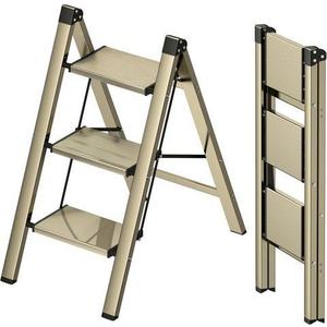 3 Step Ladder, Foldable Step Stool, Aluminum Lightweight Ladder for Home Kitchen Closet, Anti-Slip Pedals, Ease of Folding, Portable, 300lbs Capacity - Gold