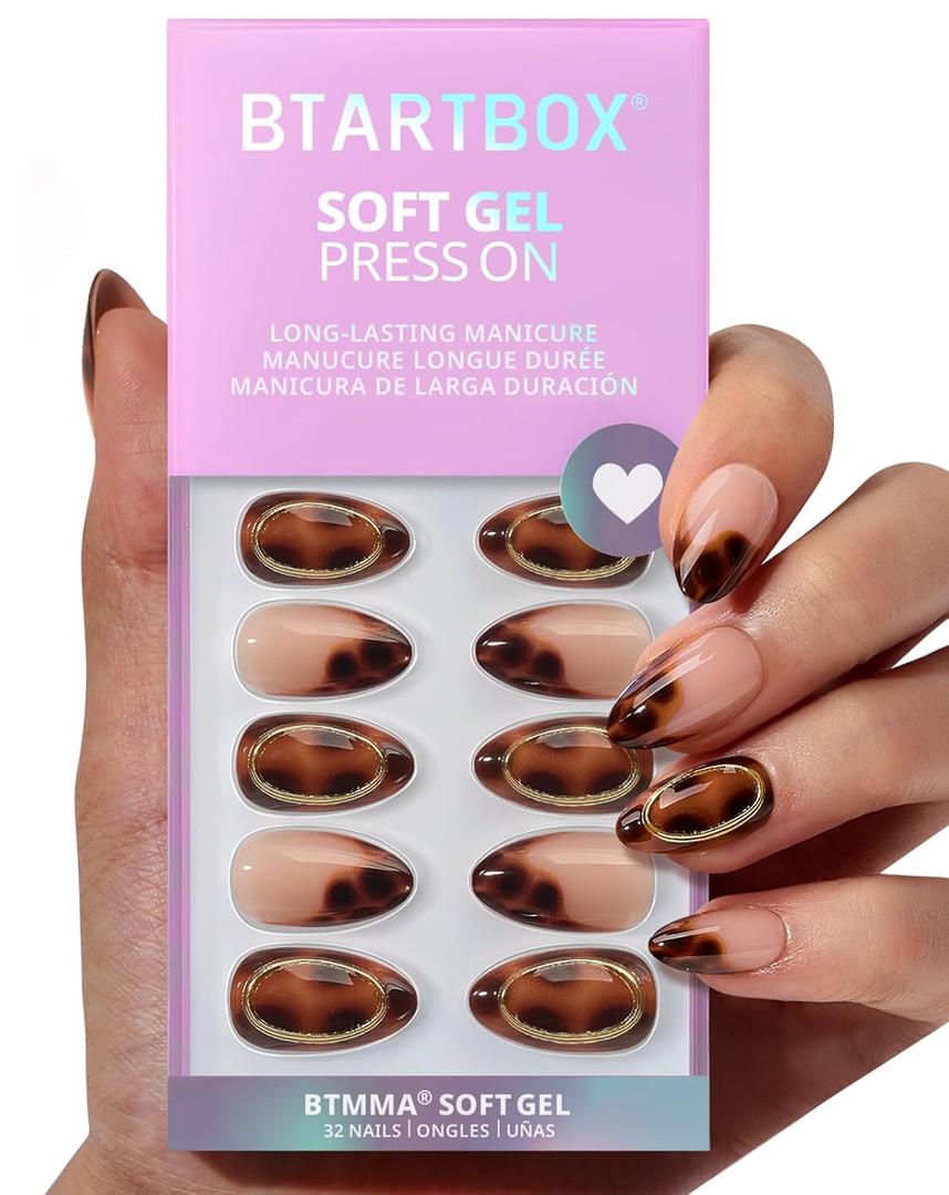 BTArtbox Press On Nails Almond - Amber Hoops, Tortoise Shell Short French Tip Press On Nails with Glue and Adhesive Tabs for Women, Soft Gel Glue On Nails in 16 Sizes - 32 Stick On Nails Kit