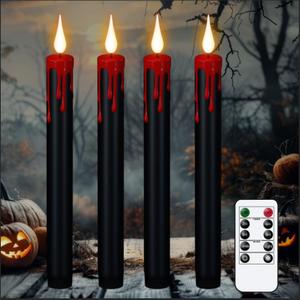 Halloween Black Flameless Taper Candles 5 Pcs Red Drip Wax LED Candlesticks with 3D Flickering Flame for Home Fall Indoor Halloween Decor(0.78 x 8.9 Inches)
