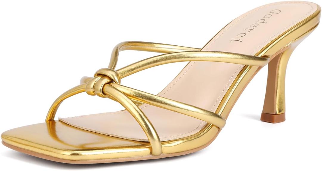 Kitten Strappy Heels for Women Knotted Square Open Toe Slip On Mule Heels Mid Heeled Sandals (8.5, Gold)