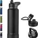 40oz Insulated Water Bottle with Straw, Stainless Steel Metal Vacuum Water Flask, Large Thermal Water bottle with Leakproof 3 Lids for Travel, Camping, Gym Sports Black