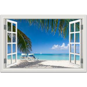 DONGYOUJI Beach Ocean Wall Art Picture Decor for Living Room - Fake Window Frame Style Canvas Artwork Tropical Palm Tree - Blue Coastal Art Print for Bedroom Bathroom Home Office Decoration 24x36inch (36L" x 24W")