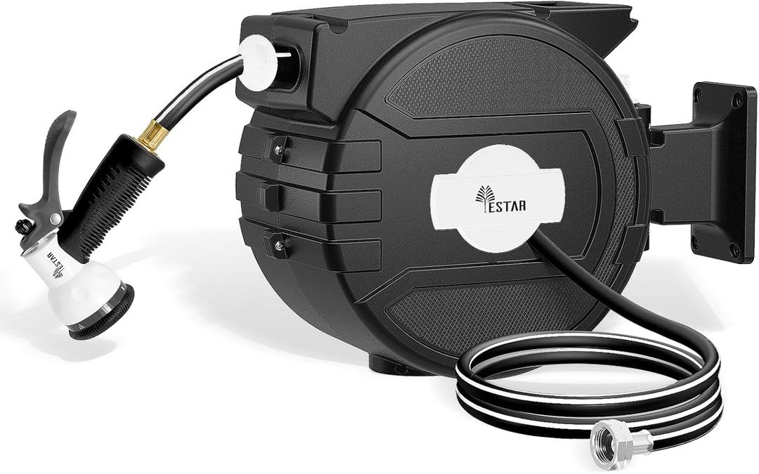Retractable Garden Hose Reel 1/2"x82 ft, Automatic Hose Reel with 7 Pattern Nozzle, Any Length Lock Wall Mounted &180 Deg Swivel (Black-white)