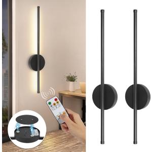 Battery Operated Wall Sconces Set of Two, Wireless Rechargeable Wall Sconces Black with Remote Control Dimmable, Cordless Wall Light Decor for Living Room, Bathroom, Hallway, Timing, 24 Inch