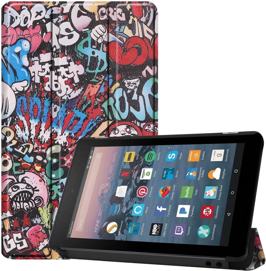 for Amazon Kindle All New Fire 7 SR043KL 7th/9th Generation Smart Cover,Ultra Slim Folio Stand Leather Case Cover with Auto Sleep/Wake Up for Kindle Fire HD7 7" (2017/2019 Release) (Graffiti)