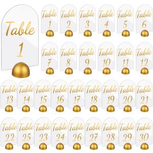 AceOrbit 30 Pack Gold Acrylic Wedding Table Numbers 1-30 with Stands 4 x 6 Inch Acrylic Table Signs with Gold Round Card Holder Wedding Seating Chart for Reception Decorations Event Party (Arch)