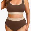 Tempt Me Women Plus Size High Waisted Bikini Set Two Piece Swimsuit Full Coverage Sporty 2 Piece Bathing Suits 20W, Brown