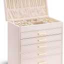 Vlando Jewelry Box Organizer,Large Jewelry Storage for 5 Drawn,PU Leather Jewelry Boxes for Women,Earring Necklace Rings Watch Display Boxes,Wedding Birthday Gift Apricot White