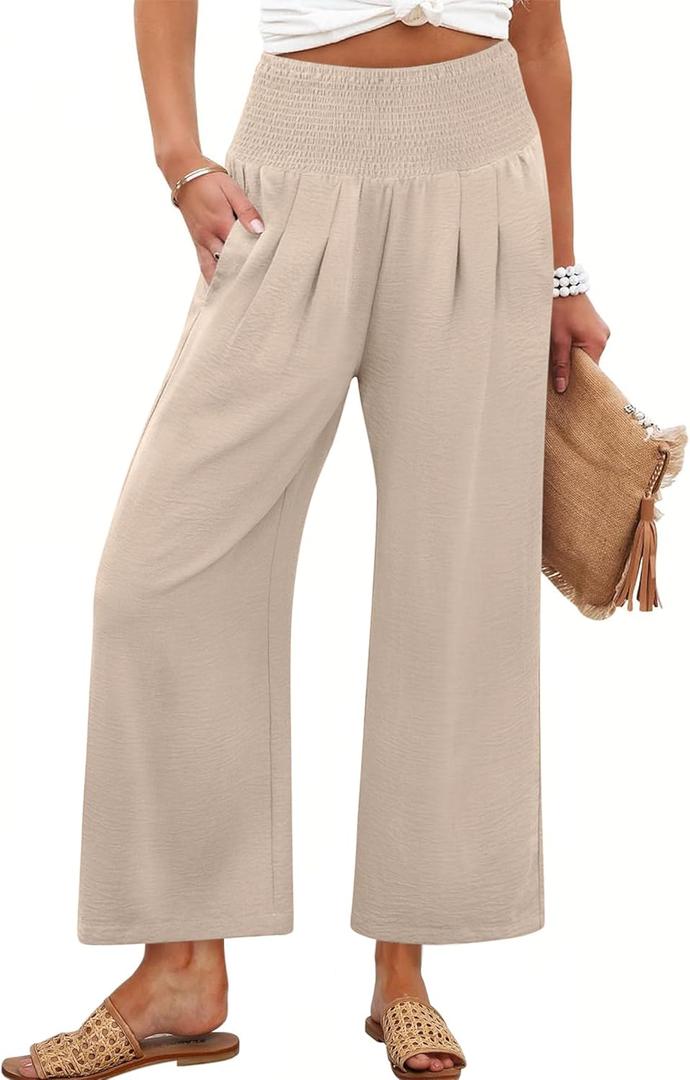 ANRABESS Womens Wide Leg Palazzo Pants with Pockets | Lightweight Breathable High Waisted Pants, Beach Vacation Flowy, Lounge & Casual Summer Trousers (Beige, M)