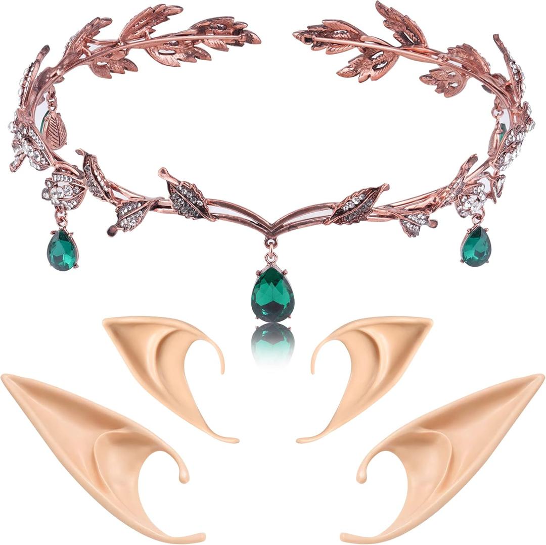 FRESHME Elf Ears with Crown Set, Soft Fairy Ears and Crystal Crown Headband for Women Halloween Cosplay Costume Party (Crystal Crown - Gold Set)