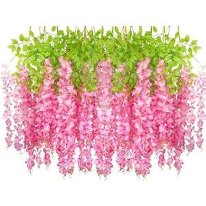 24 Pack Artificial Fake Wisteria Vine Ratta (3.75 Feet) Hanging Garland Silk Flowers String Home Party Wedding Decor (Deep Pink)
