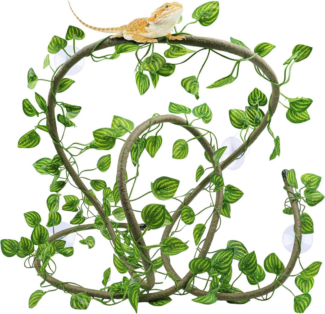 QUOZUO Reptile Tank Accessories, Artificial Plants Vines and Flexible Leaves With Suction Cups, Crested Gecko Tank Long Vines Hide for Climbing, Chameleon, Lizards