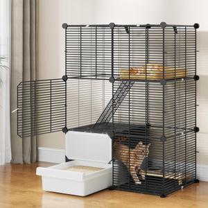 3-Level Cat Cage with Litter Box: DIY Indoor Kitten Enclosure, Spacious Exercise Area for 1-2 Small Cats, Black