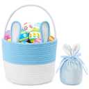 Easter Basket Cotton Rope Easter Bunny Baskets Empty with Handle for Egg Hunt Gifts, Girls Boys First Easter Basket with Velvet Drawstring Gift Bag for Easter Stuffers,Blue & White