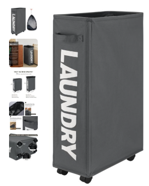 Maxsilan 29" Slim Rolling Laundry basket with Removable Bag on Wheels, 70L Collapsible Narrow Corner Laundry Hamper, Foldable Storage Bins, Grey