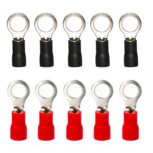 200PCS 1/4" PVC Ring Crimp Terminals,AWG16-14 M6 Insulated Ring Electrical Wire Crimp Connectors(100 Pcs Red +100 Pcs Black)