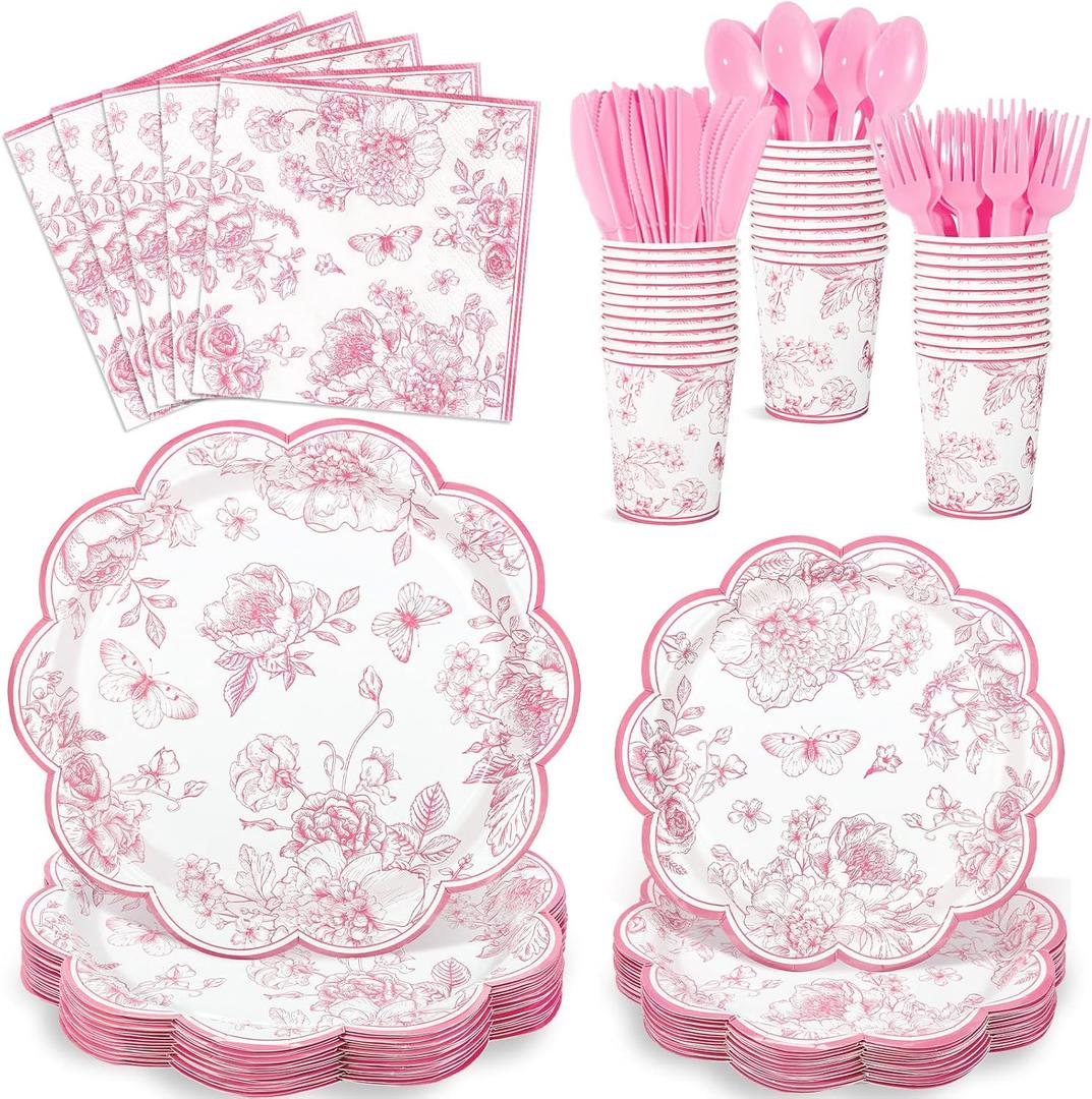 175 Pcs Pink Floral Plates and Napkins, 25 Guest Scalloped Vintage Floral Party Decorations Include Toile Plates Napkins Cups Cutlery for Mothers Day, Wedding, Bridal Baby Shower Tea Party