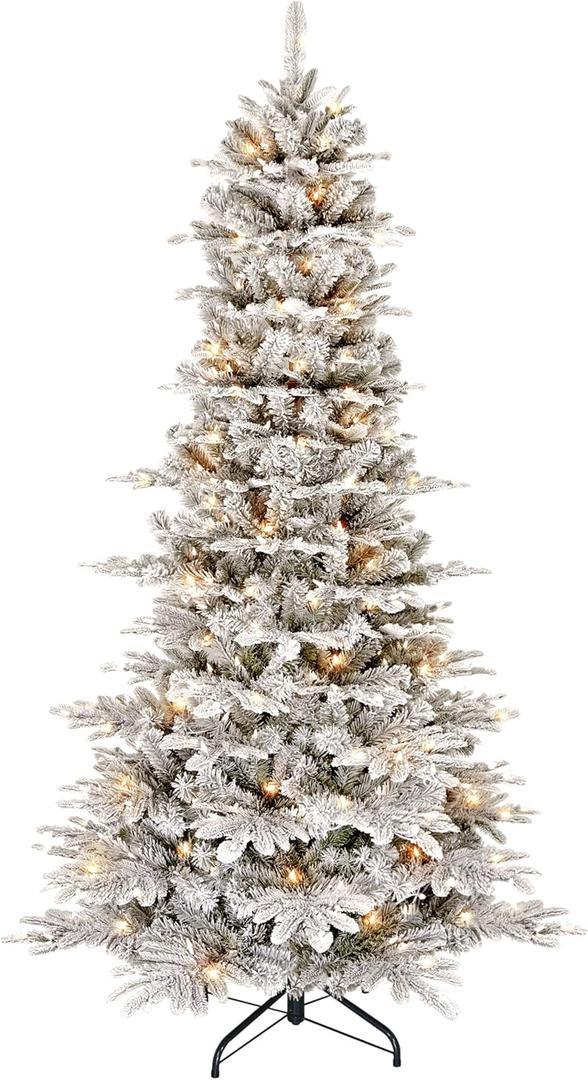 Puleo International 6.5ft Pre-Lit Slim Flocked Aspen Fir Christmas Tree with 350 Clear Lights, 760 Realistic Dense Snow Flocked Branch Tips, Easy Setup Artificial Trees with Sturdy Metal Stand