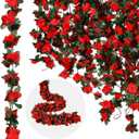 12 Pcs 100 ft Flower Garland Artificial Rose Vine with Green Leaves Hanging Artificial Flower Vines Ivy Garlands Wall Garden Decor for Room Wedding Birthday Arch Decor, (Red)
