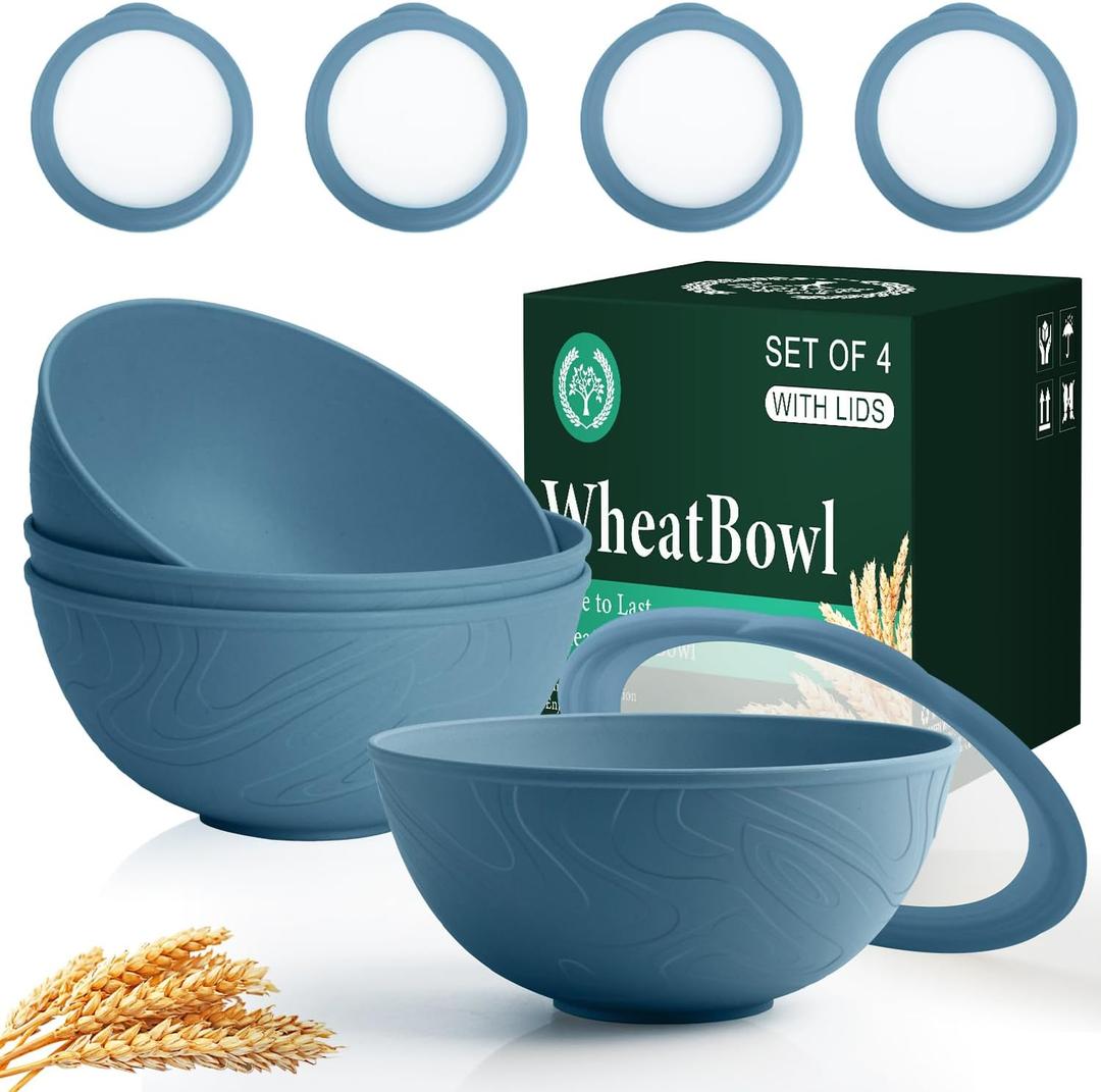 Homienly Bowls for Kitchen, Wheat Straw Bowls with Lids, Salad Container for Lunch, Unbreakable Microwave and Dishwasher Safe 40 OZ Large Bowl for Soup, Cereal, Ramen, RV, Camping, College Dorm, Blue