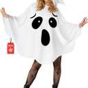 Morph Ghost Costume Adult Women Spooky Ghosts Costume White Ghost Poncho Hooded Cape Adult Spooky Halloween Costumes for Womens