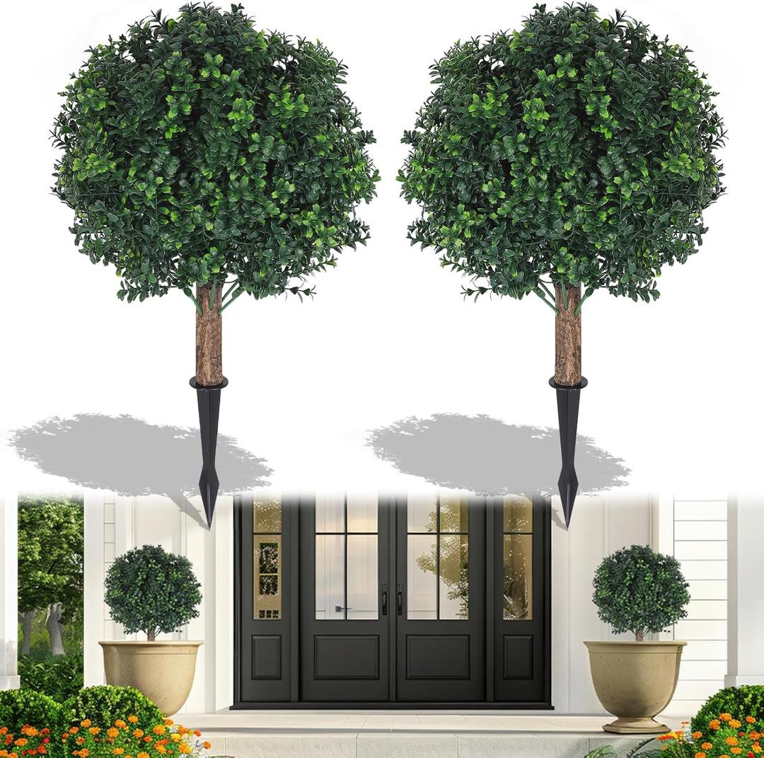 Shinoske 23" Boxwood Topiary Balls Tree Artificial Outdoor,Set of 2 Outdoor Fake Bushes Plant with Ground Spike,UV Resistant Artificial Plants for Garden,Porch,Yard,Balcony Decor