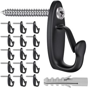 SELEWARE 15PC Screw-in Hooks for Hanging Outdoor String Lights, Windproof Christmas Light Hanger, Black Wall Hooks for Patio Gazebo Fence