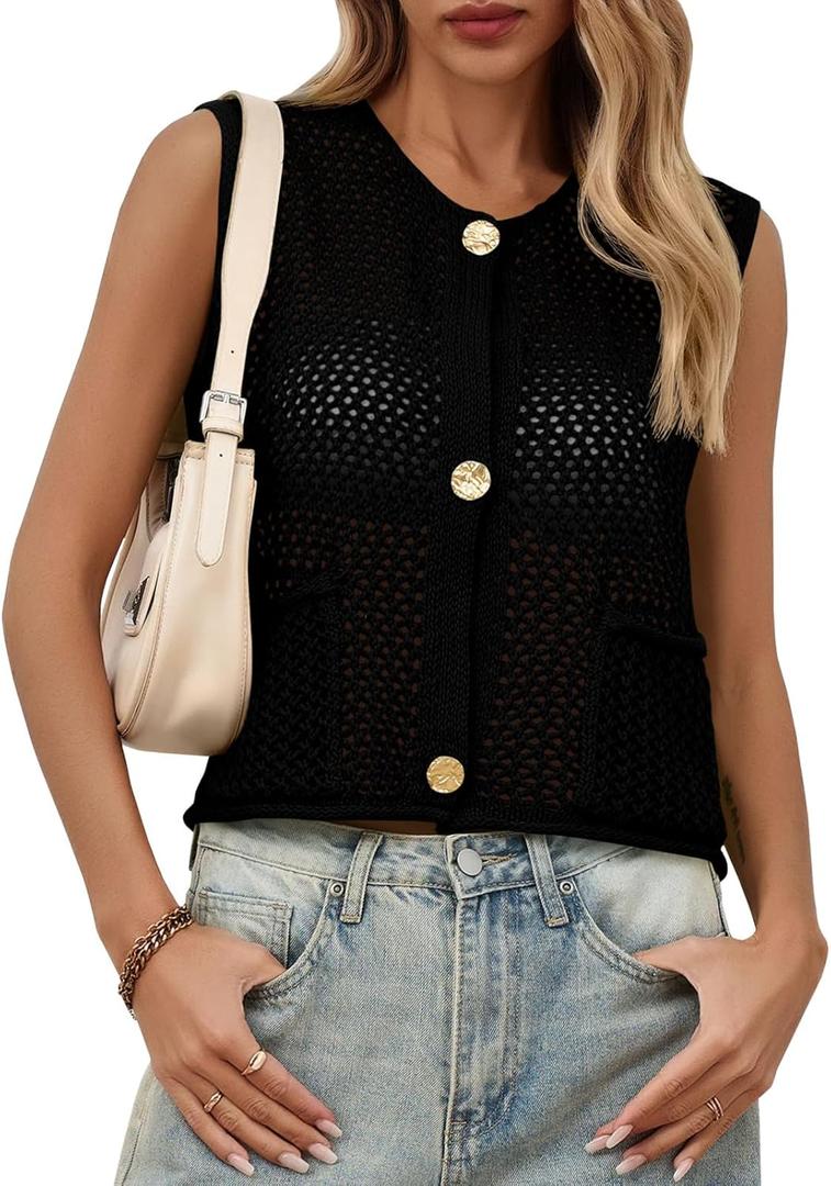 Saodimallsu Womens Crochet Sweater Vest Button Down Sleeveless Crew Neck Boho Knit Crop Tank Tops Summer Cardigans (Black, S)
