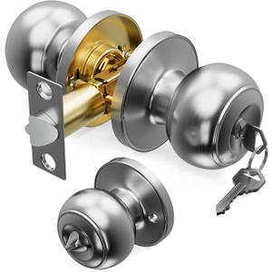 1 Pack Door Knob with Lock and Key, Keyed Entry Door Knobs, Brushed Nickel Interior and Exterior Round Ball Door Lock for Bedroom