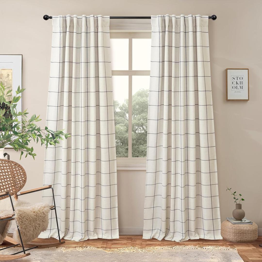 DriftAway 100% Blackout Windowpane Plaid Linen Curtains Double Layer Farmhouse Drapes 84 Inches Long for Living Room Bedroom Yarn Dyed Woven Thermal Insulated Rod Pocket Back Tab 2 Panels Black