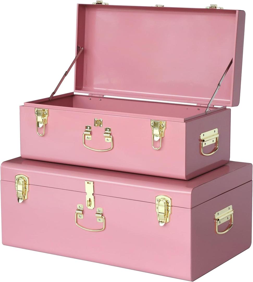 Vixdonos Decorative Large Metal Box Storage Trunk Chest Set of 2 College Dorm Organizer with Hardware Hasps and Handle for Home Deocr,23.7X14.2X9.5 Inches,Deep Pink