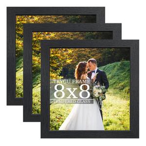 8x8 wood Picture Frame Set of 3, Made of Real Glass for 8x8 Black Frames, Wall and Tabletop Display Photo Frame for Home Décor Gallery Family Wedding Memorial Pic Frame Gift
