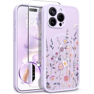 GVIEWIN for iPhone 16 Pro Max Case Compatible with MagSafe, [Military Grade Protection] [Screen Protector] Full Camera Protection Floral Translucent Women Magnetic Phone Case, Floratopia/Colorful