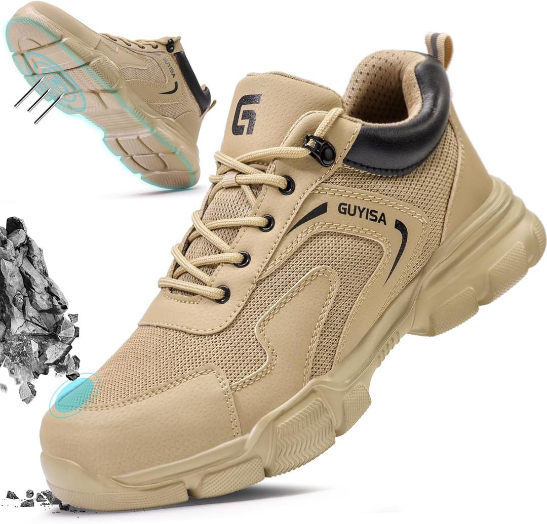 Steel Toe Shoes for Men Women Lightweight Work Shoes Mens Indestructible Safety Sneakers Puncture Proof Construction Shoe Composite Toe Sneakers (10.5, Khaki)