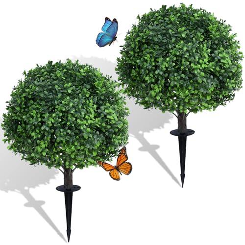 Quirlory Dense Leafy Artificial Boxwood Topiary Ball Trees 24 Inch, Set of 2 Fake Plants Outdoor with Ground Spike, UV Resistant Faux Boxwood Bushes for Garden Patio Front Porch Decor