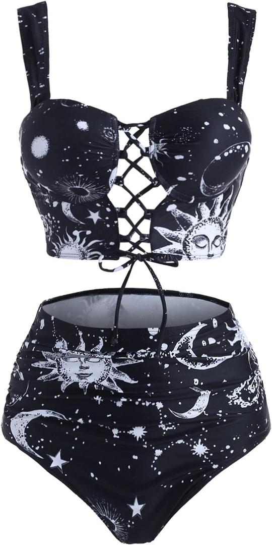 DRESSFO Bikini Set for Women Two Piece Bathing Suit High Waisted Bikini Gothic Sun and Moon Tummy Control Swimsuits (Small, Black_3)