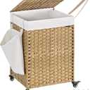 SONGMICS Rolling Laundry Hamper with Lid, 120 L Synthetic Rattan