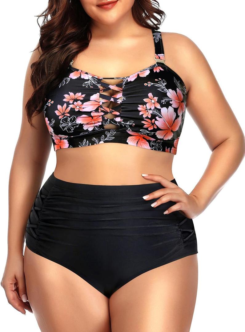 Daci Women Plus Size Two Piece Swimsuit - High Waisted Bikini Tummy Control Bathing Suit Bandeau Swimwear (XX-Large, Black and Flower)
