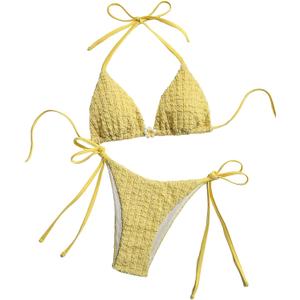SHENHE Women's 2 Piece Swimsuit Floral Print Halter Tie Side Triangle Bikini Set (Medium, Yellow Textured)