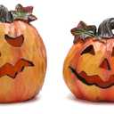 Hodao Halloween Pumpkin Decorations Set of 2, Hand-Painted Resin Jack-O-Lantern Figurines for Indoor Fall Decor, Tabletop Ornaments, for Creating Festive Atmosphere