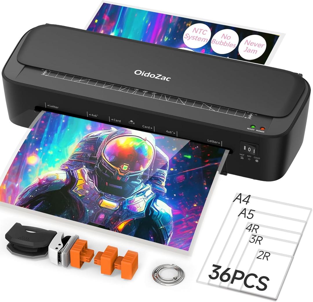 Laminator Machine, 11 in 1 Laminating Never Jam Technology with 36 Laminating Sheets, 9 Inch Thermal Laminator A4 Laminating Machine Hot & Cold Mode for Home Office School Black