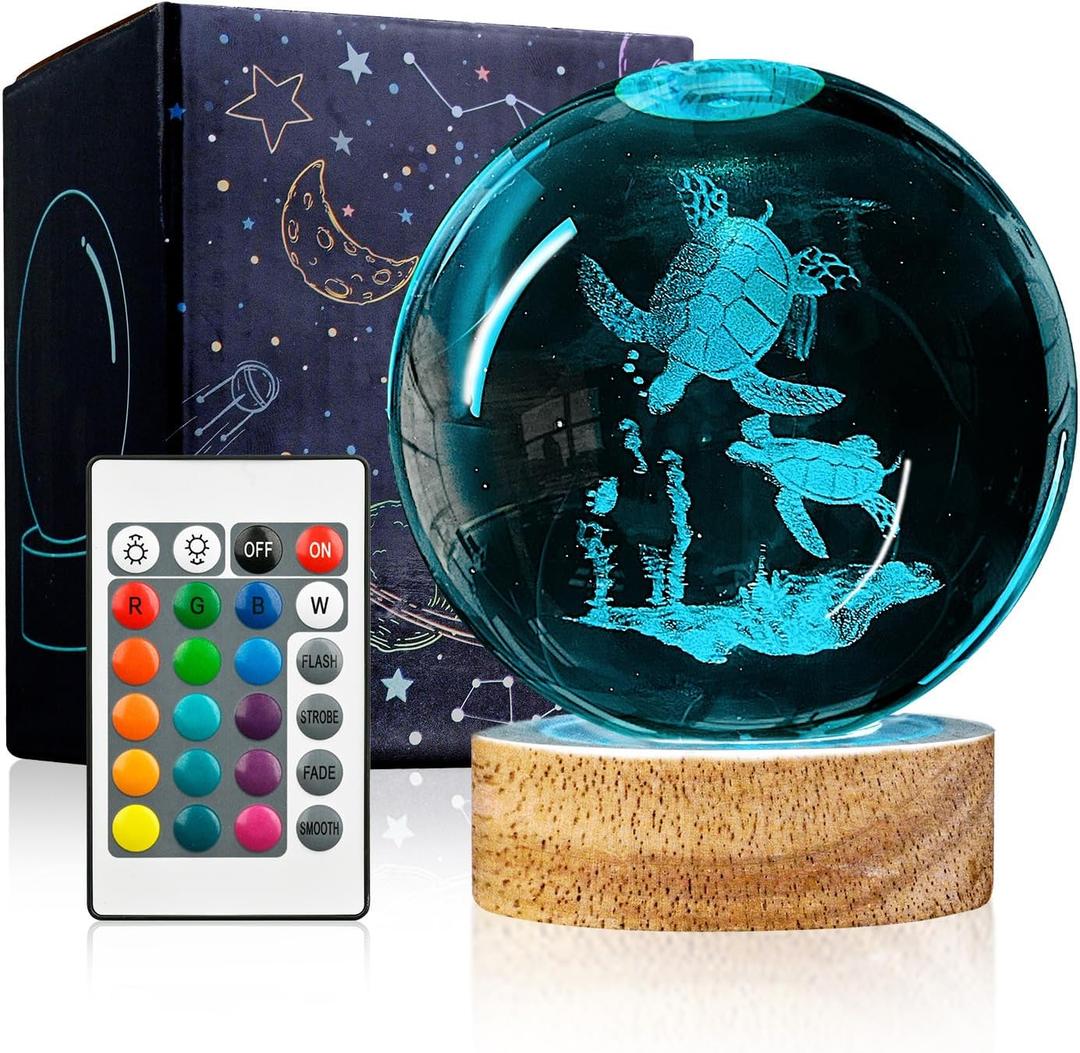 3D Sea Turtle Crystal Ball Night Light with Woodern Base, 3.15 Sea Turtle Glass Ball Lamp 16 Colors with Remote Control Sea Turtle Figurines Cool Desk Decor Sea Turtle Gifts for Kids Friends Birthday