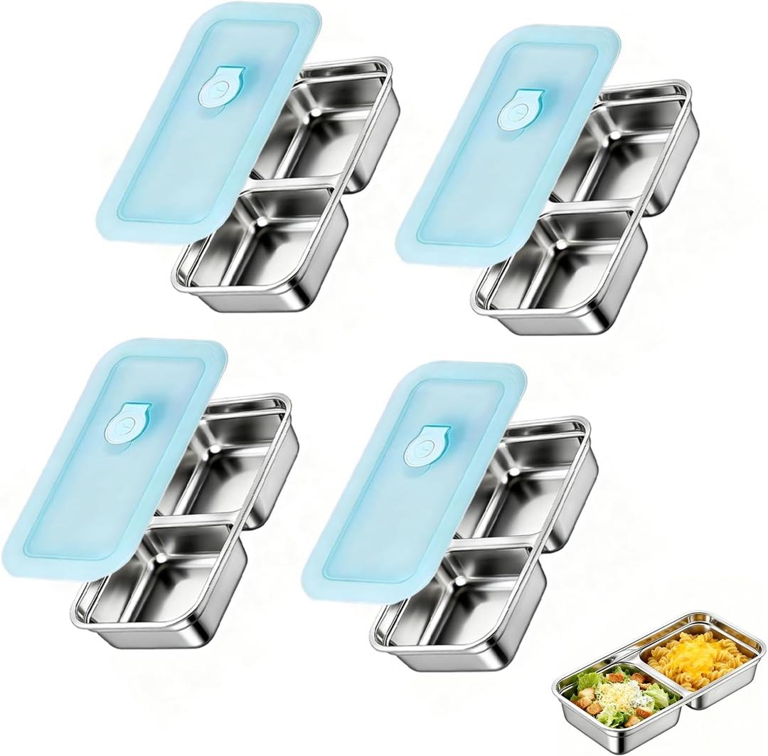 4 Pieces Stainless Steel Snack Containers, Double Compartment Reusable, Stainless Steel Snack Container with Lids, Dishwasher Safe, Seasoning, Dipping Sauce