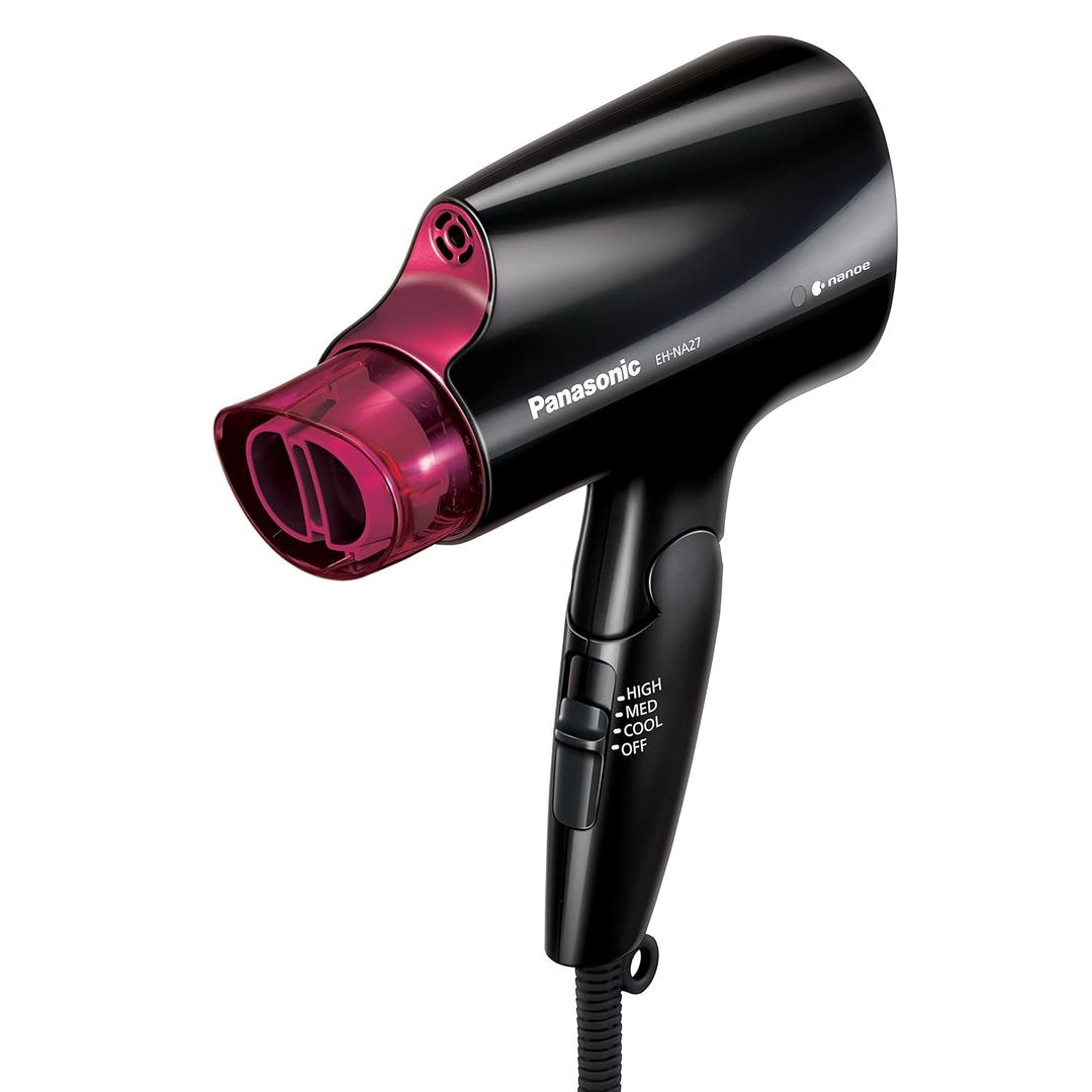 Panasonic nanoe Compact Hair Dryer for Healthy-Looking Hair, 1400W Portable, Folding Handling and QuickDry Nozzle for Fast Drying  EH-NA27-K (Black/Pink)