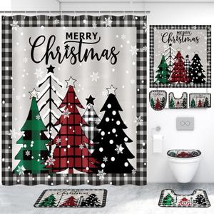 Layhit 4 Pcs Christmas Shower Curtain Set, Christmas Bathroom Set with Non Slip Rug, Toilet Lid Cover and Bath Mat, Xmas Tree Style Shower Curtain with 12 Hooks for Xmas Bathroom Decor Winter Holiday