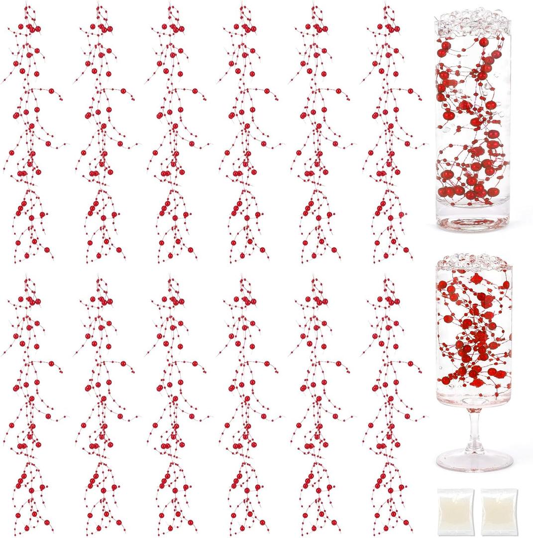 Red Artificial Pearl String for Floating Candle Faux Pearls Beads String with 20000 Water Beads Party Garland Decoration for Vases Filler Wedding Centerpiece Christmas Party Decor (Red)