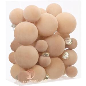 Sea Team 32-Pack Flocked Velvet Christmas Tree Ball Ornaments Set, Decorative Hanging Baubles, Shatterproof Plastic Decorations for Xmas Tree, Wreath, Garland, Multi-Sized, Beige