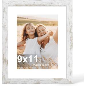 9x11 Picture Frame with Glass, Display Pictures 7x9 with Mat or 9 x 11 without Mat - Wall and Tabletop, 9 by 11 Photo Wooden Frames (Distressed White, 1 Pack)